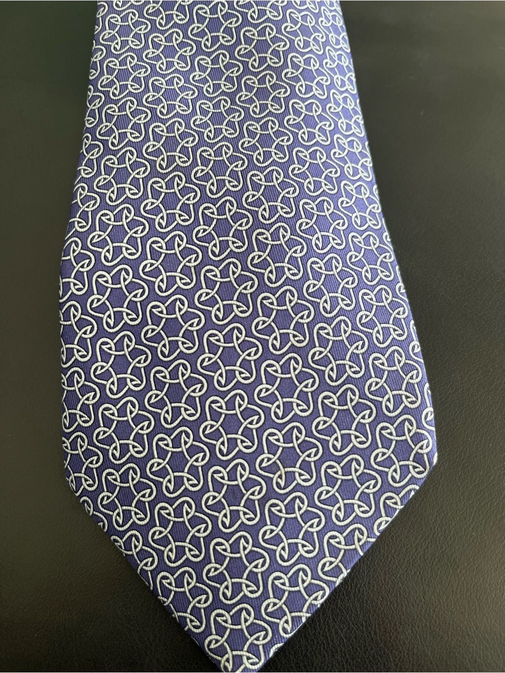 Hermes Blue Silk Tie with White Interlocking Motif